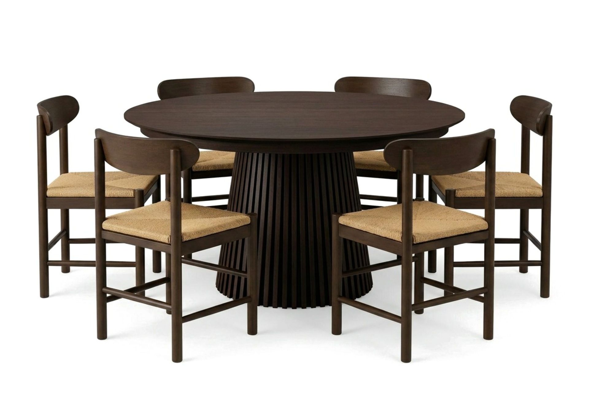 Peyra spisegruppe uttrekkbar rund 140–220 cm røkt eik med 6 Malte spisestoler -