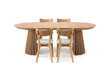 Peyra uttrekkbar rund spisegruppe 120–220 cm i eik med 4 Amelia spisestoler med pute - Eik/beige - Møbler - Bord - Spisegrupper