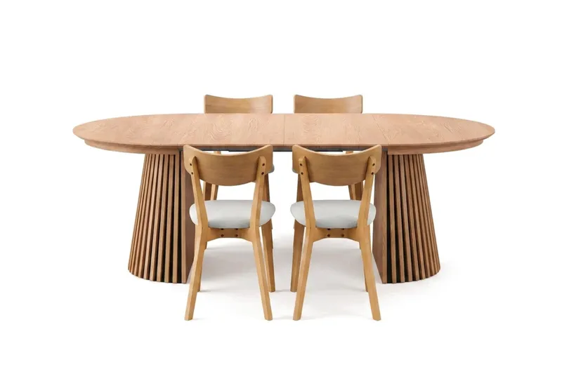 Peyra uttrekkbar rund spisegruppe 120–220 cm i eik med 4 Amelia spisestoler med pute - Eik/beige - Møbler - Bord - Spisegrupper