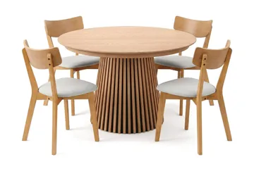 Peyra uttrekkbar rund spisegruppe 120–220 cm i eik med 4 Amelia spisestoler med pute - Eik/beige - Møbler - Bord - Spisegrupper
