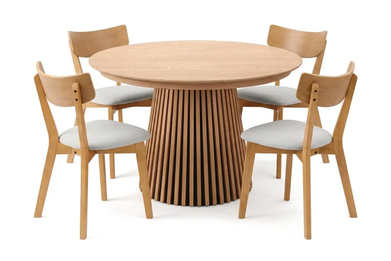 Peyra uttrekkbar rund spisegruppe 120–220 cm i eik med 4 Amelia spisestoler med pute - Eik/beige - Møbler - Bord - Spisegrupper