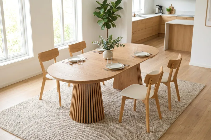 Peyra uttrekkbar rund spisegruppe 120–220 cm i eik med 4 Amelia spisestoler med pute - Eik/beige - Møbler - Bord - Spisegrupper