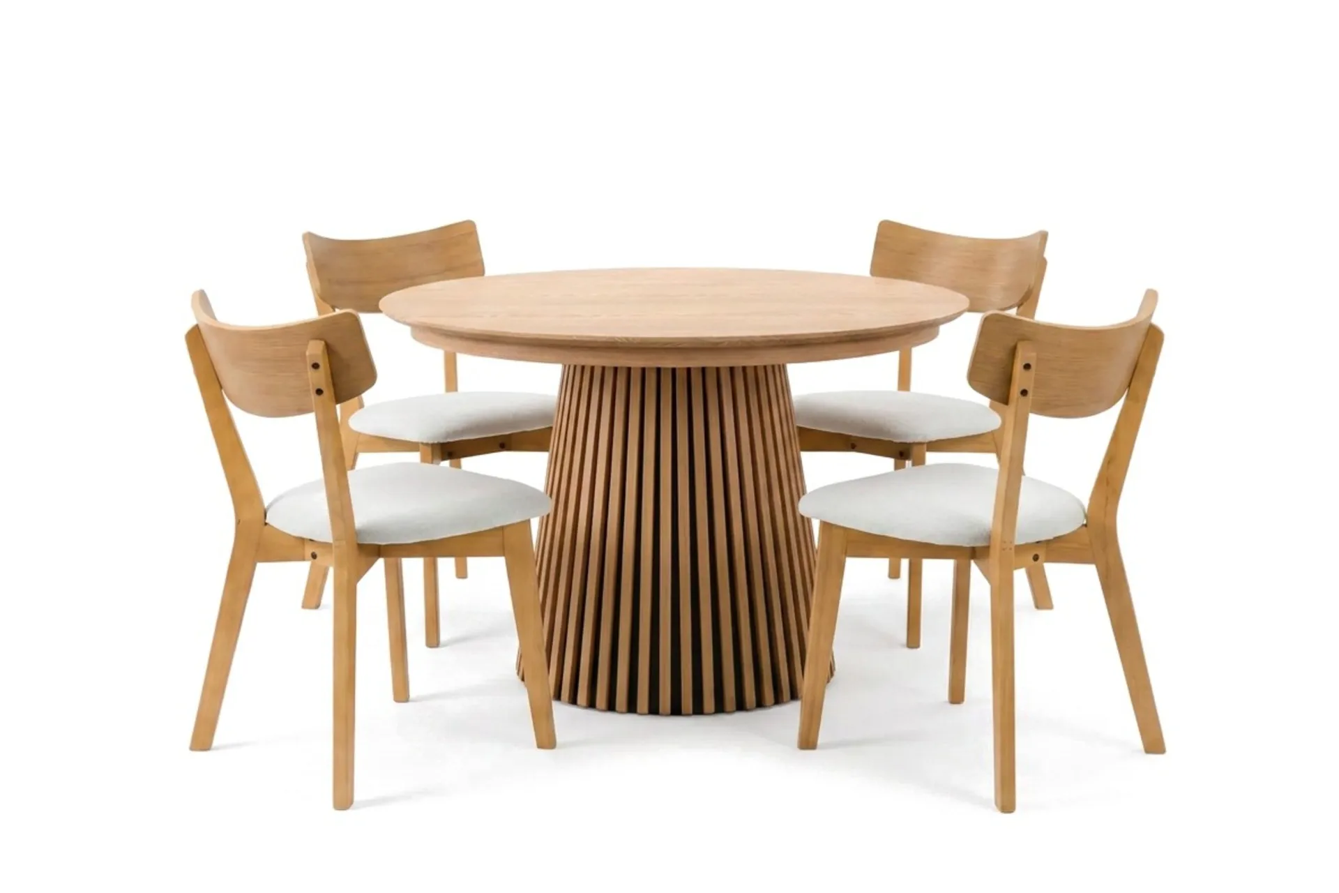 Peyra uttrekkbar rund spisegruppe 120–220 cm i eik med 4 Amelia spisestoler med pute - Eik/beige