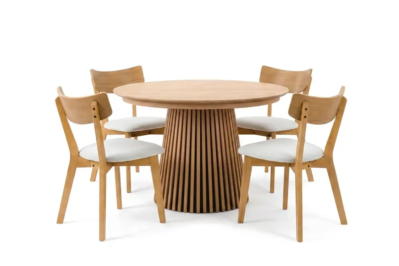 Peyra uttrekkbar rund spisegruppe 120–220 cm i eik med 4 Amelia spisestoler med pute, Eik/beige