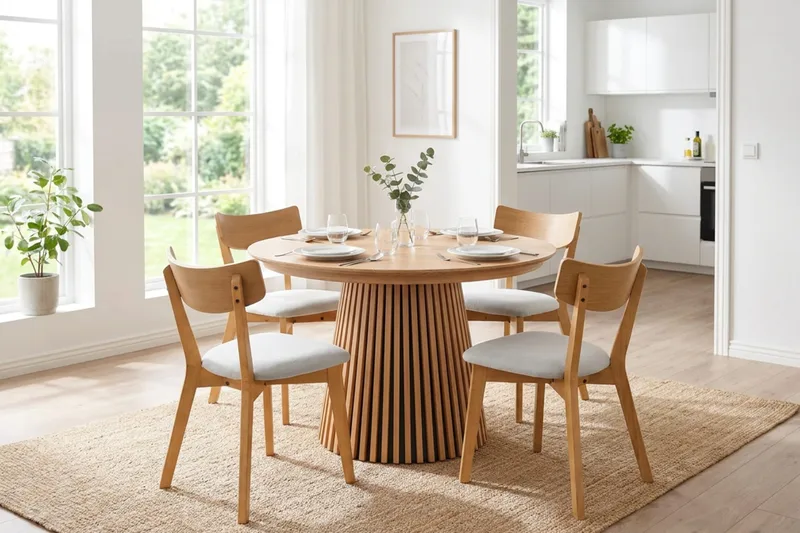Peyra uttrekkbar rund spisegruppe 120–220 cm i eik med 4 Amelia spisestoler med pute - Eik/beige - Møbler - Bord - Spisegrupper