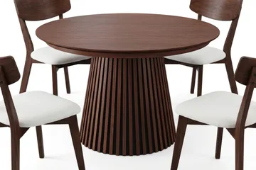 Peyra uttrekkbar rund spisegruppe 120–220 cm i valnøtt med 4 Amelia spisestoler med pute - Valnøtt/beige - Møbler - Bord - Spisegrupper