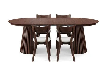 Peyra uttrekkbar rund spisegruppe 120–220 cm i valnøtt med 4 Amelia spisestoler med pute - Valnøtt/beige - Møbler - Bord - Spisegrupper