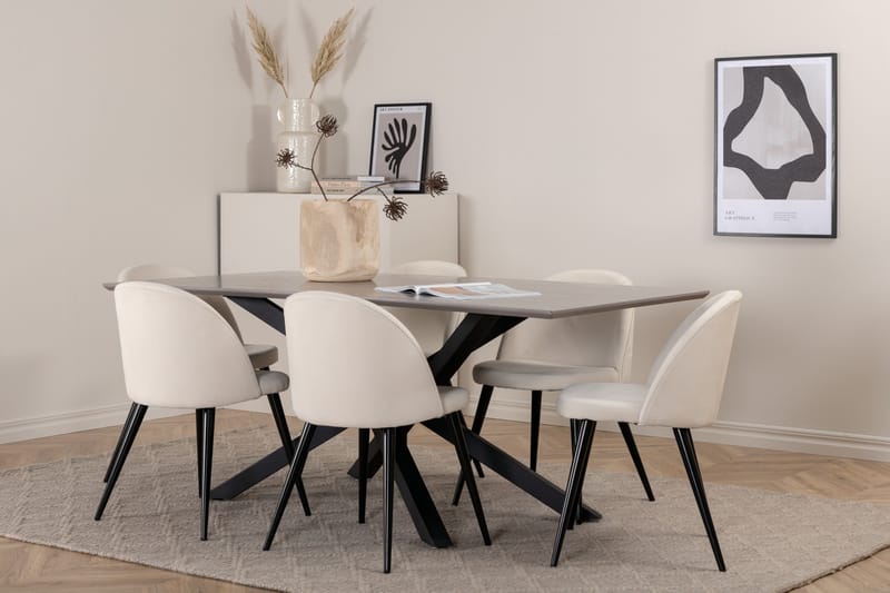 Piazza Spisegruppe 180 cm Rektangulær med 6 Velvet Stoler - Beige - Møbler - Bord - Spisegrupper