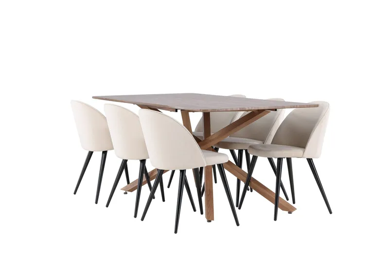 Piazza Spisegruppe 180 cm Rektangulær med 6 Velvet stoler, Mocca/Beige