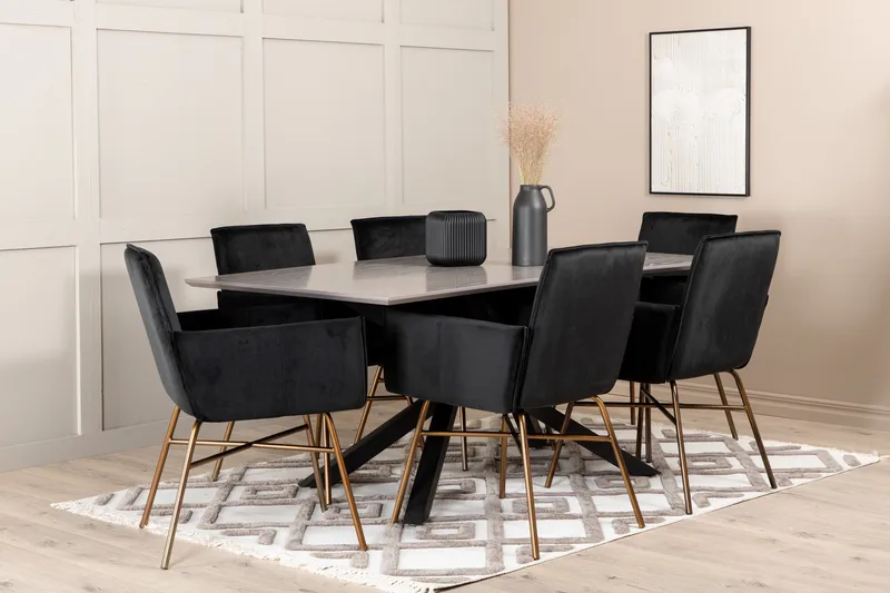 Piazza Spisegruppe 180 cm Rektangulær med 6 Petra Stoler - Sort - Møbler - Bord - Spisegrupper