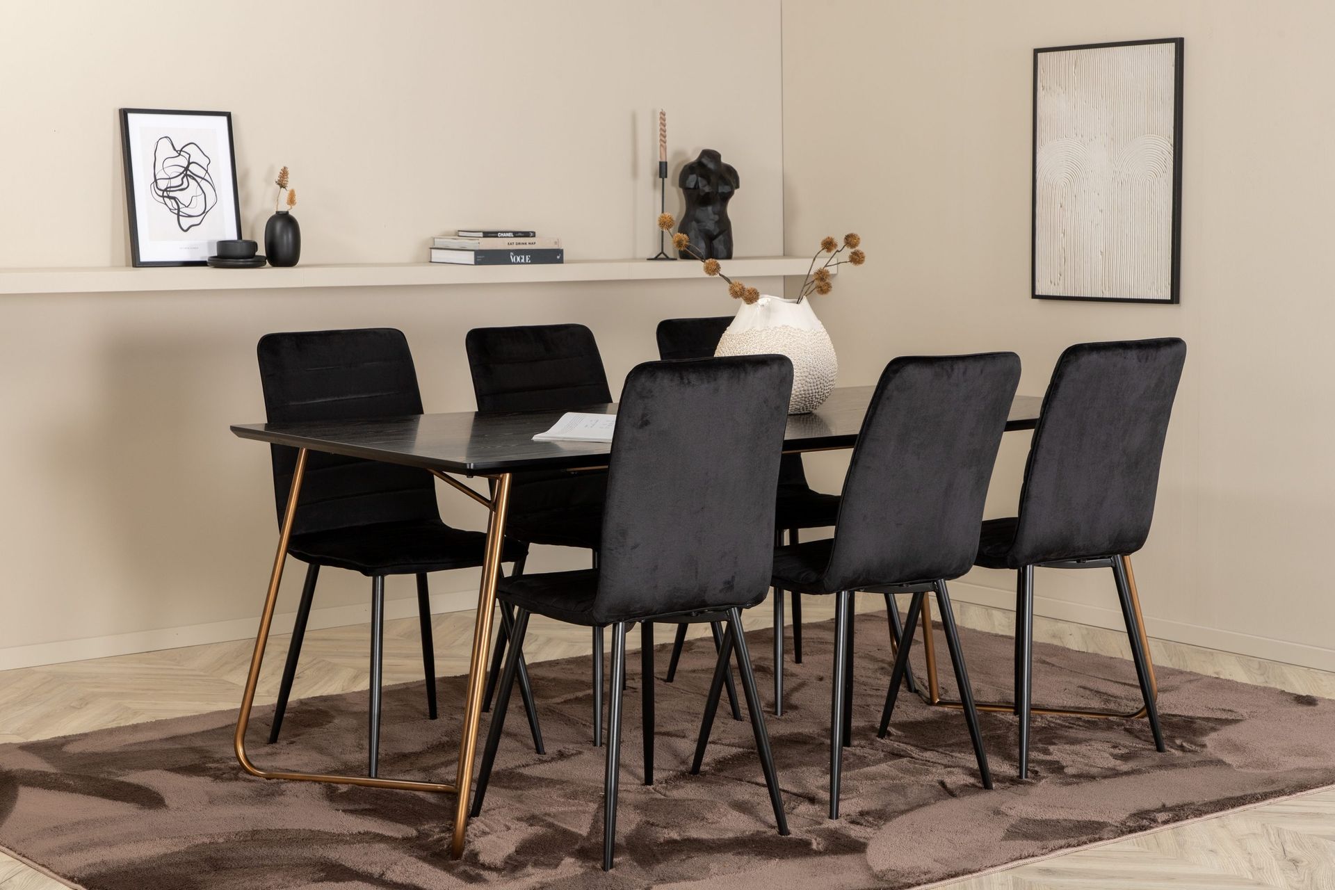 Pipi Spisegruppe 190 cm inkl. 6 Robin Fløyelsstoler - Svart/Kobber
