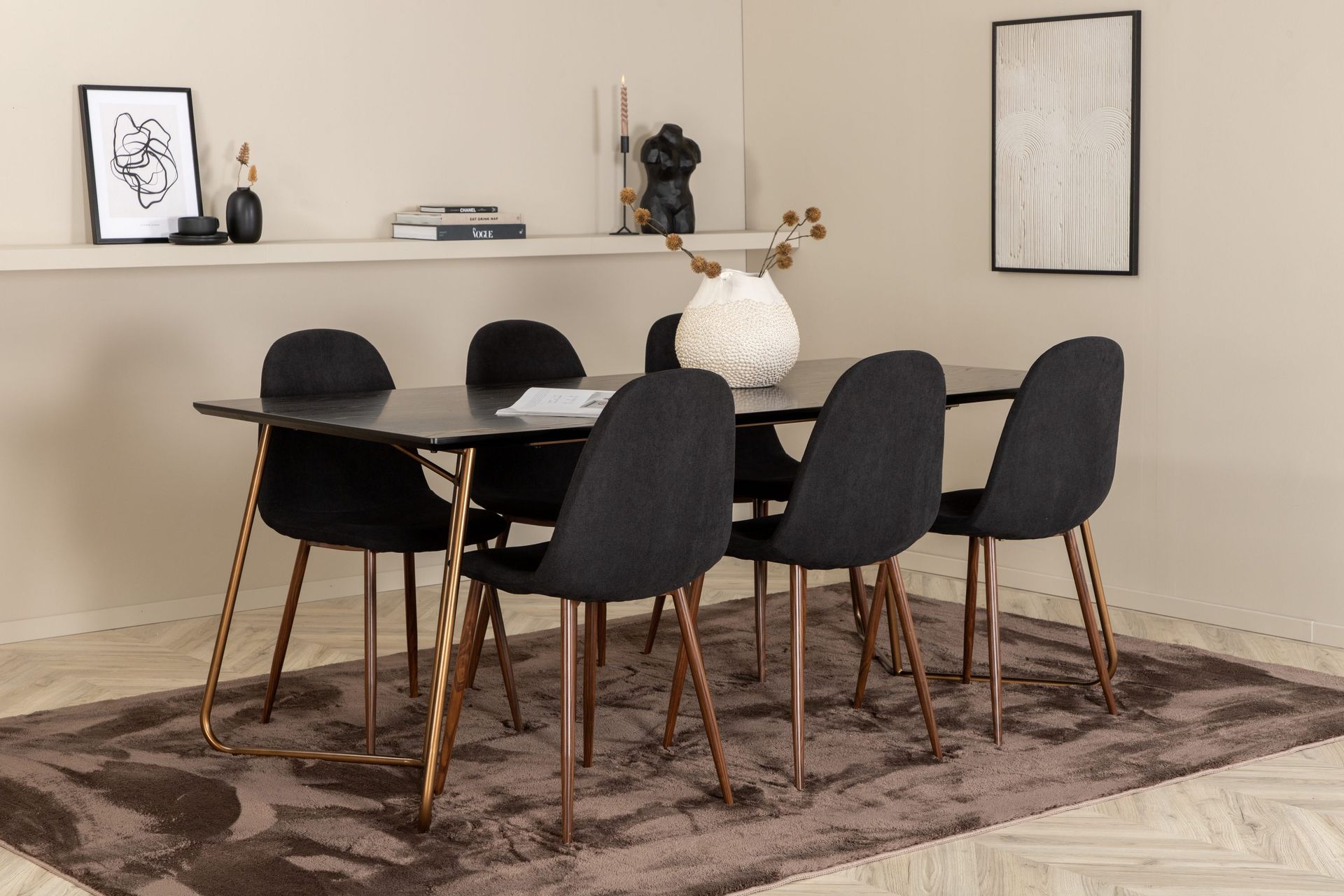 Pipi Spisegruppe 190 cm inkl. 6 Pontus Stoler - Svart/Kobber/Brun