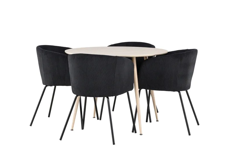 Plaza Spisegruppe 100 cm Rund med 4 Berit stoler, Whitewash/Sort