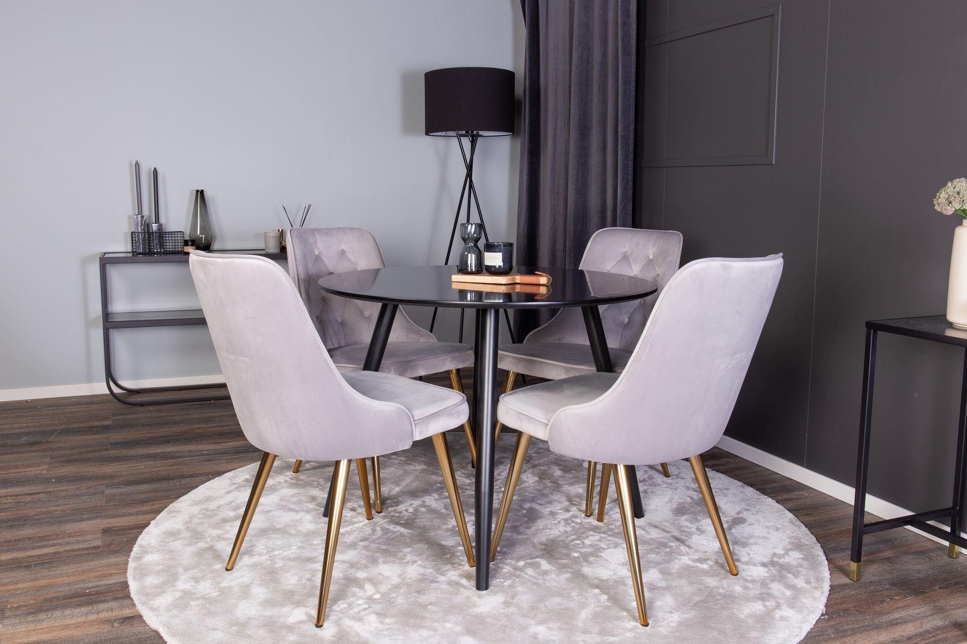 Plaza Spisegruppe 100 cm Rund med 4 Velvet Stoler - Guld - Møbler - Bord - Spisegrupper