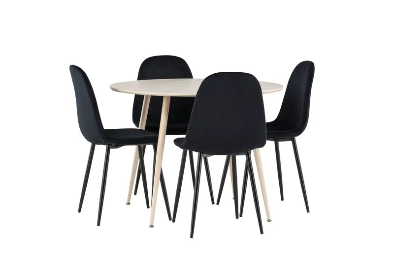 Plaza Spisegruppe 100 cm Rund med 4 Polar stoler, Whitewash/Sort