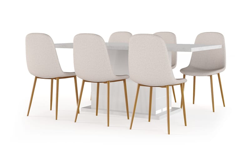 Ratliff Spisebord 180 cm Uttrekkbart med ileggsplate + 6 stk Nibe stol beige med eikeben, Hvit/Beige