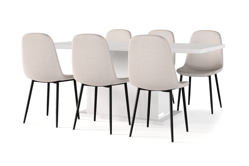 Ratliff Spisebord 180 cm Uttrekkbart med ileggsplate + 6 stk Nibe stol beige med svarte ben, Hvit/Beige