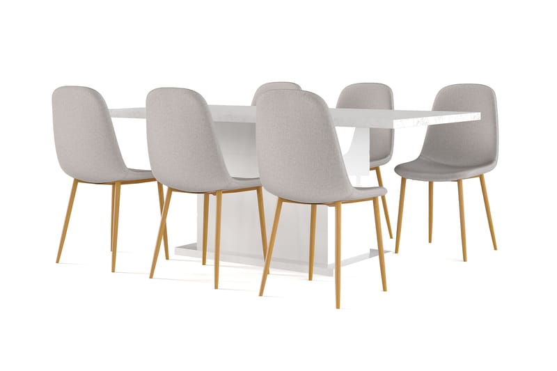 Ratliff Spisebord 180 cm Uttrekkbart med ileggsplate + 6 stk Nibe stol grå med eikeben, Hvit/Grå