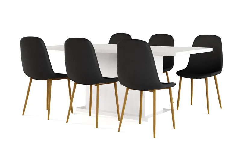 Ratliff Spisebord 180 cm Uttrekkbart med ileggsplate + 6 stk Nibe stol svart med eikeben, Hvit/Svart