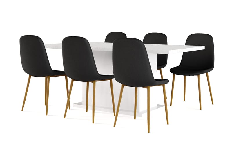 Ratliff Spisebord 180 cm Uttrekkbart med ileggsplate + 6 stk Nibe stol svart med eikeben, Hvit/Svart