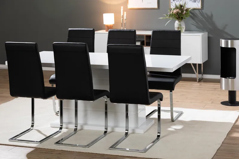 Ratliff Spisegruppe 180 cm + 6 Stoler Utvidbart med Tilleggsplate - Hvit/Svart PU/Krom - Møbler - Bord - Spisegrupper