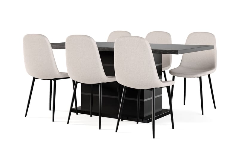 Ratliff Uttrekkbart Spisebord 180/220 cm Svart + 6 stk Nibe stol beige med svarte ben, Svart/Beige