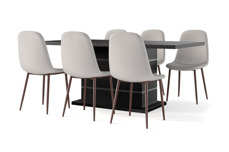 Ratliff Uttrekkbart Spisebord 180/220 cm Svart + 6 stk Nibe stol beige med valnøttben, Svart/Beige