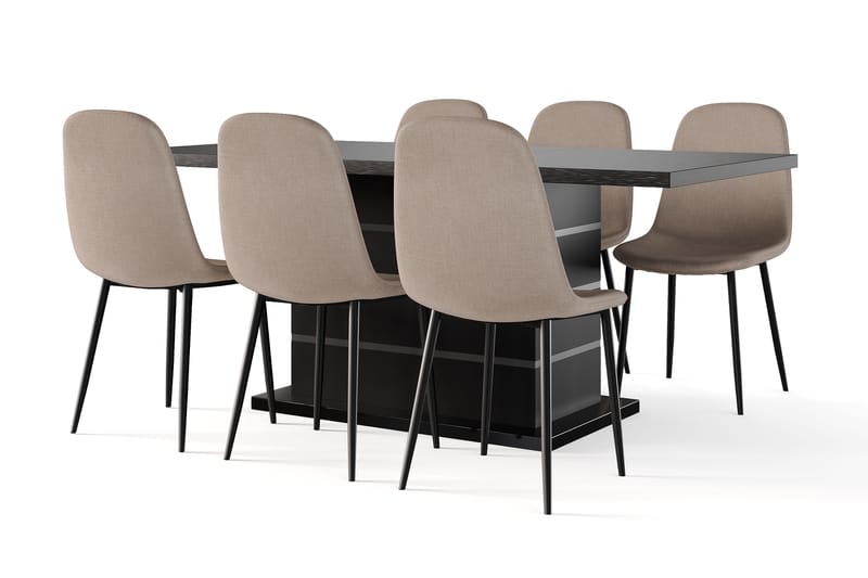 Ratliff Uttrekkbart Spisebord 180/220 cm Svart + 6 stk Nibe stol brun med svarte ben, Svart/Brun