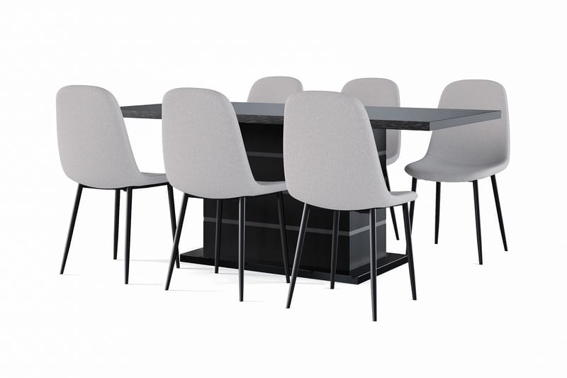 Ratliff Uttrekkbart Spisebord 180/220 cm Svart + 6 stk Nibe stol grå med svarte ben, Svart/Grå