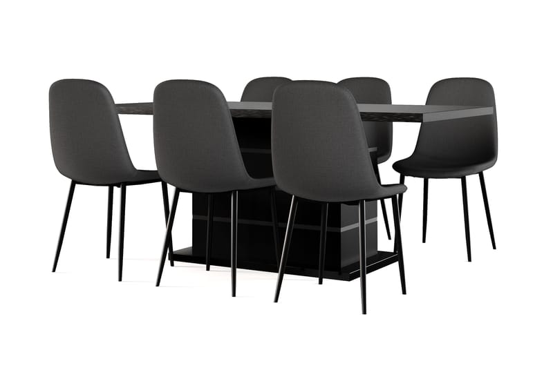 Ratliff Uttrekkbart Spisebord 180/220 cm Svart + 6 stk Nibe stol svart med svarte ben, Svart