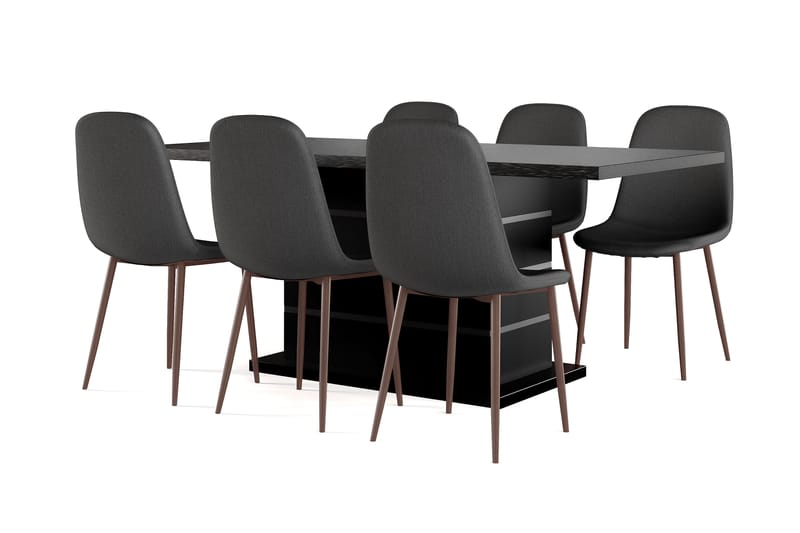 Ratliff Uttrekkbart Spisebord 180/220 cm Svart + 6 stk Nibe stol svart med valnøttben, Svart