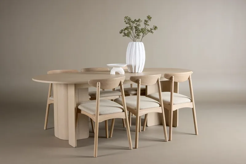 Rektangulær spisegruppe Tyresö 220 cm med 6 Ven stoler, Natur/Whitewash