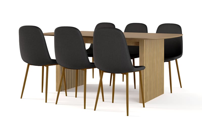 Richeto Spisebord 180 cm eik + 6 stk Nibe stol svart med eikeben, Natur/Svart