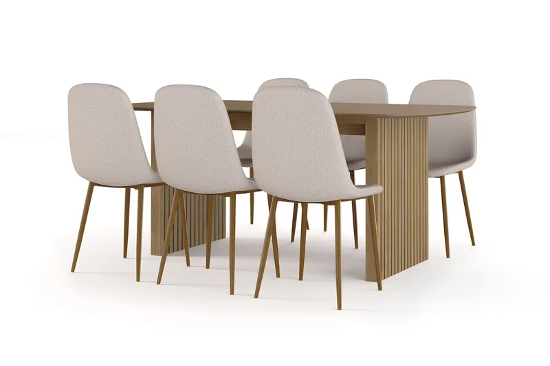 Richeto spisebord 180 cm eik + 6 stk. Nibe stol beige med eikeben, Eik