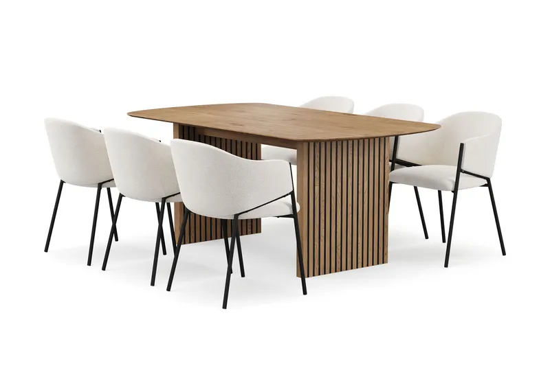 Richeto Spisebord 180 cm med 6 Filip Spisestoler, Naturlig finish / Hvit Bouclé