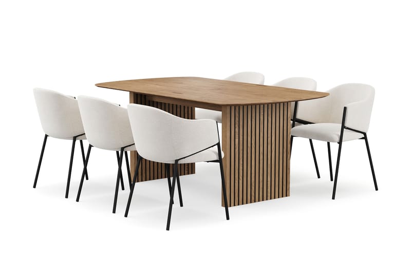 Richeto Spisebord 180 cm med 6 Filip Spisestoler, Naturlig finish / Hvit Bouclé