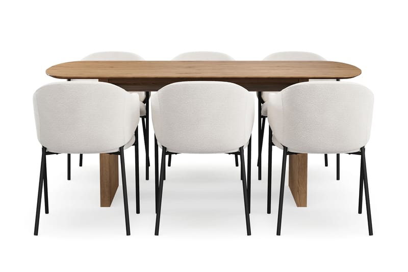 Richeto Spisebord 180 cm med 6 Filip Spisestoler - Naturlig finish / Hvit Bouclé - Møbler - Bord - Spisegrupper