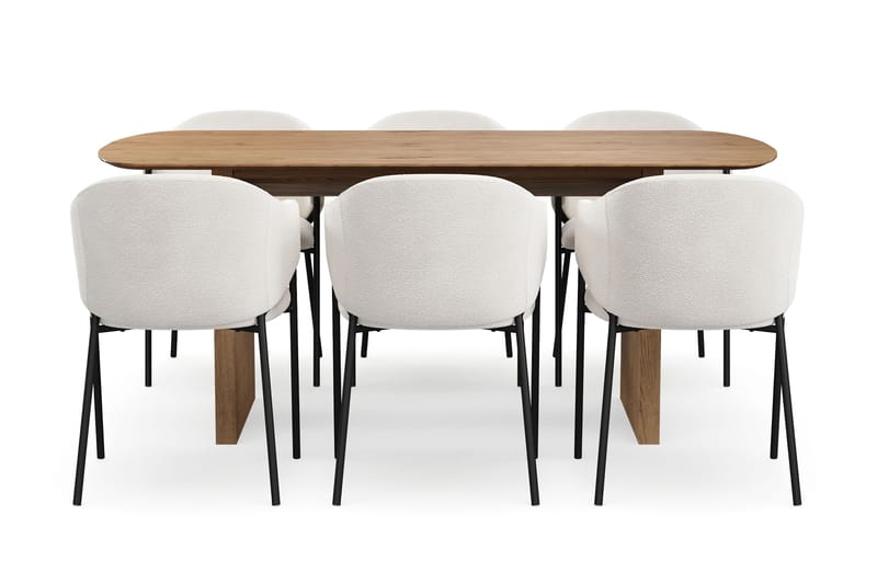 Richeto Spisebord 180 cm med 6 Filip Spisestoler - Naturlig finish / Hvit Bouclé - Møbler - Bord - Spisegrupper