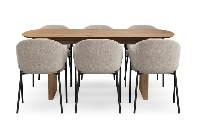 Richeto Spisebord 180 cm med 6 Filip Spisestoler - Naturlig finish / Taupe Bouclé - Møbler - Bord - Spisegrupper