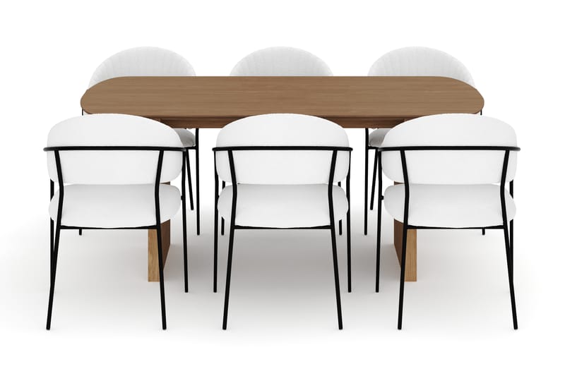 Richeto Spisebord 180 cm med 6 Karol Spisestoler - Naturlig finish / Hvit Bouclé - Møbler - Bord - Spisegrupper