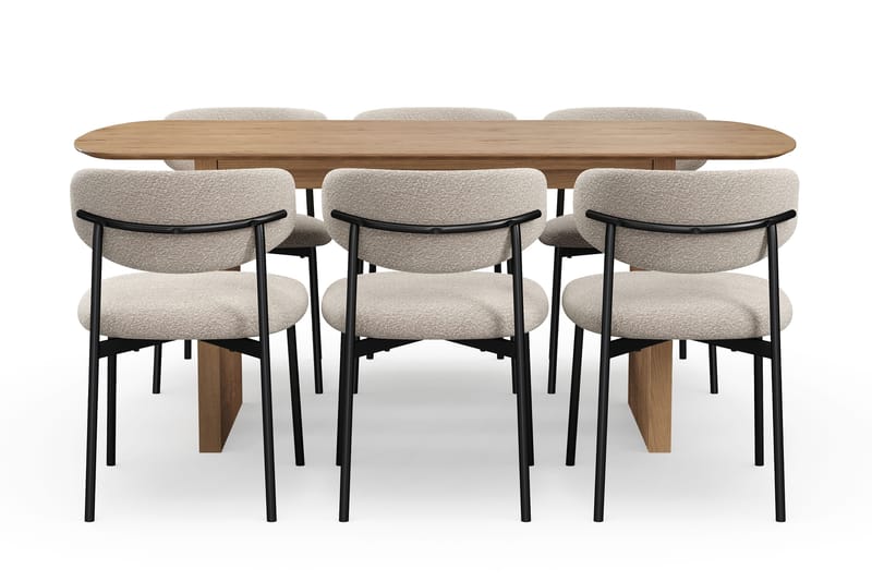 Richeto Spisebord 180 cm med 6 Lucy Spisestoler - Naturlig finish / Greige Bouclé / Metallben Svart - Møbler - Bord - Spisegrupper