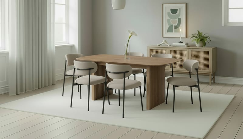 Richeto Spisebord 180 cm med 6 Lucy Spisestoler - Naturlig finish / Greige Bouclé / Metallben Svart - Møbler - Bord - Spisegrupper