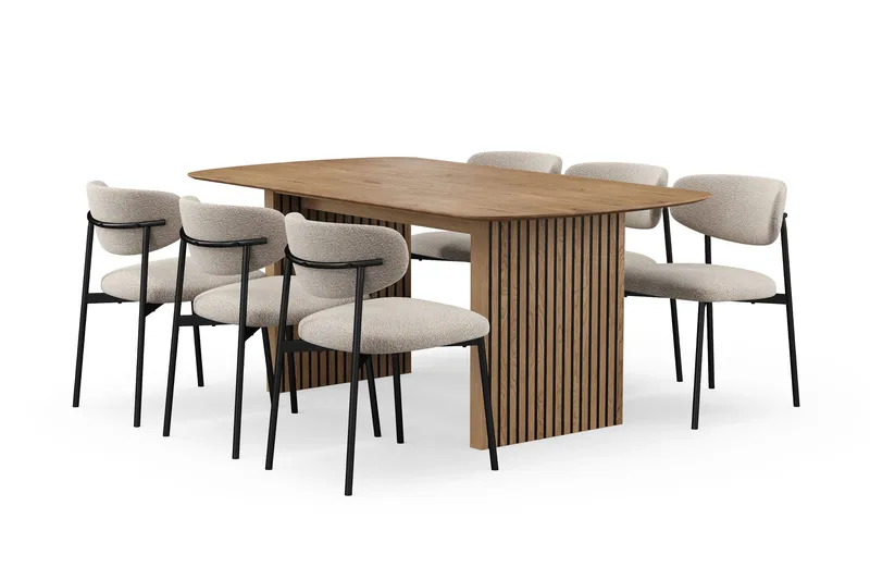 Richeto Spisebord 180 cm med 6 Lucy Spisestoler, Naturlig finish / Greige Bouclé / Metallben Svart