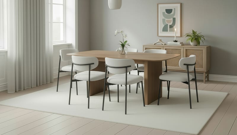 Richeto Spisebord 180 cm med 6 Lucy Spisestoler - Naturlig finish / Hvit Bouclé / Metallben Svart - Møbler - Bord - Spisegrupper