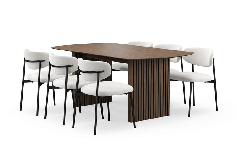 Richeto Spisebord 180 cm med 6 Lucy Spisestoler, Røkt eik / Hvit Bouclé