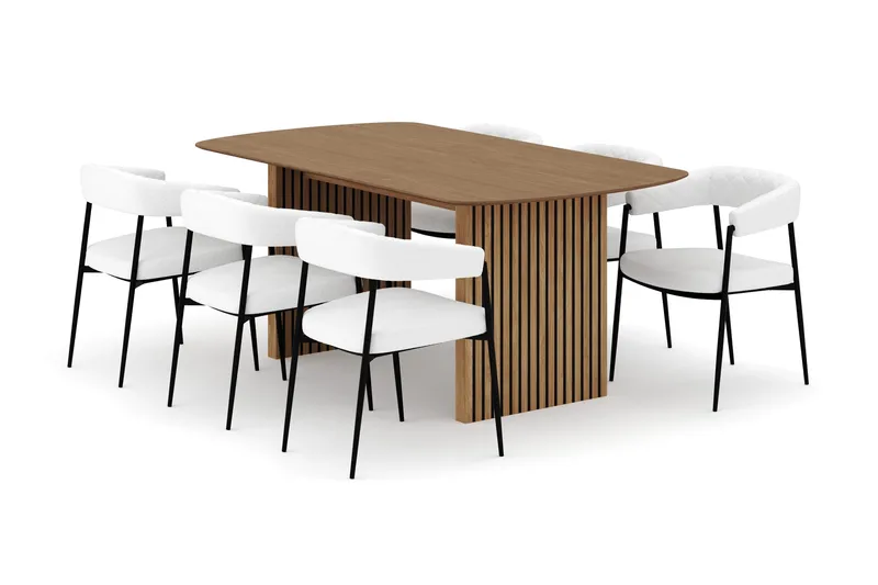 Richeto Spisebord 180 cm med 6 Velma Spisestoler, Naturlig finish / Hvit Bouclé