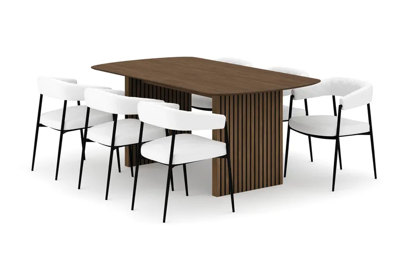 Richeto Spisebord 180 cm med 6 Velma Spisestoler, Røkt eik / Hvit Bouclé