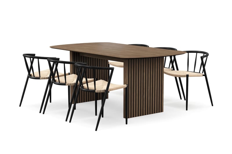 Richeto Spisebord 180 cm med 6 Winston Spisestoler, Røkt eik / Beige / Metallben Svart