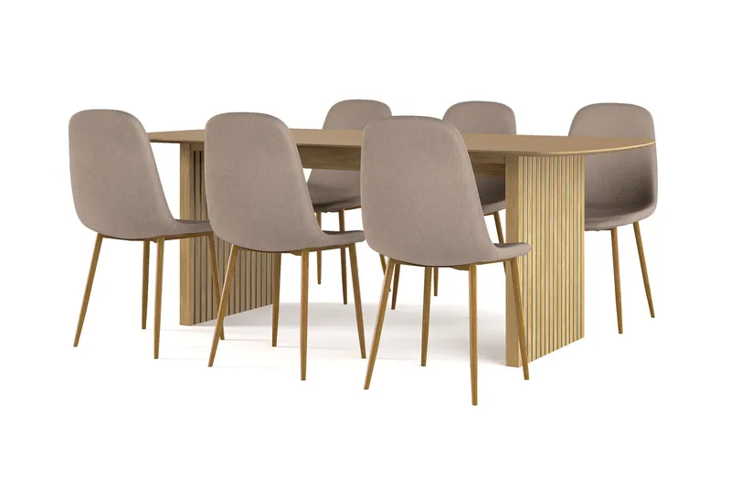 Richeto Spisebord 210 cm eik + 6 stk Nibe stol brun med eikeben, Natur/Brun