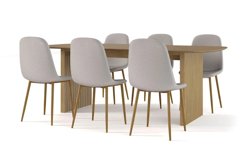 Richeto Spisebord 210 cm eik + 6 stk Nibe stol grå med eikeben, Natur/Grå